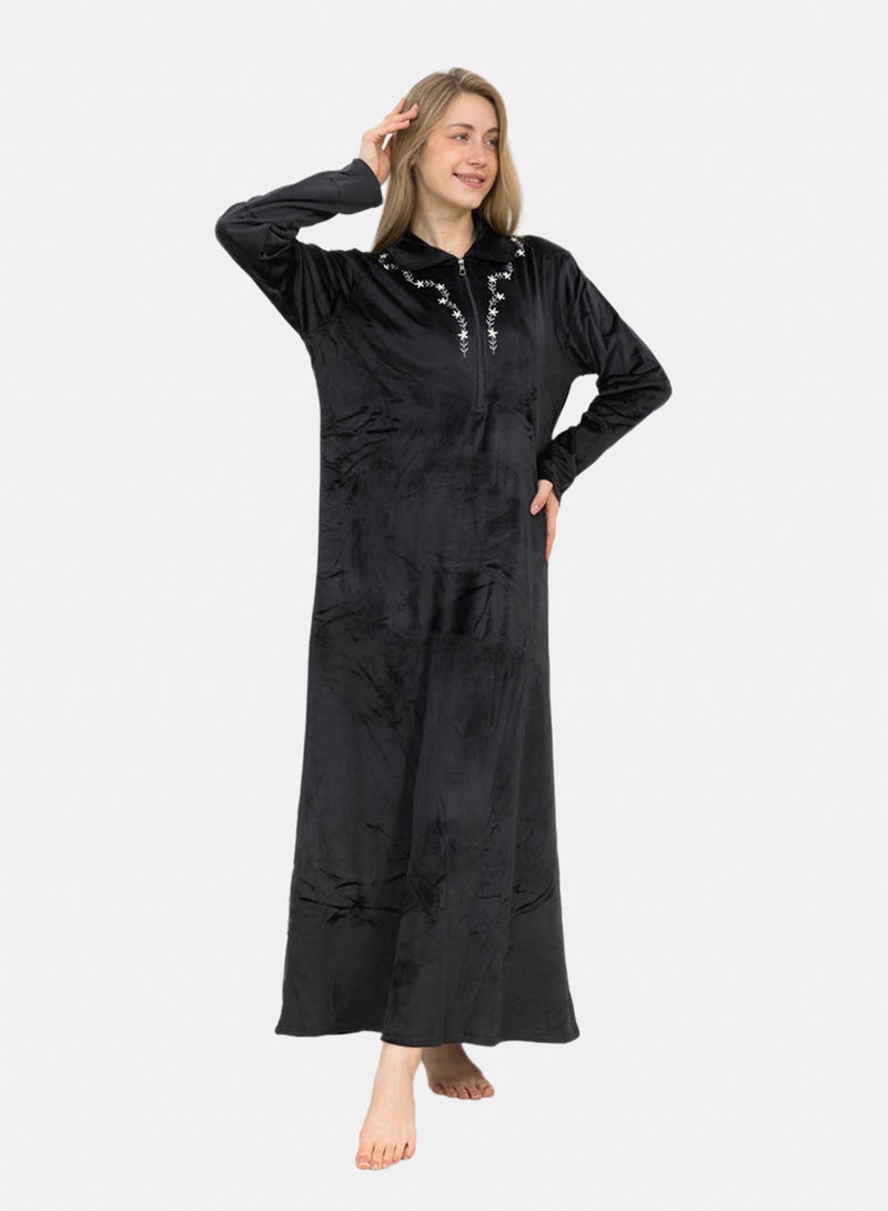 Elegant Velvet Maxi Galabeya Zipper Collar & Embroidery - Image 2